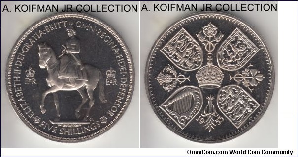 KM-894, 1953 Great Britain crown; proof, copper-nickel, lettered edge; Elizabeth II coronation crown, 40,000 proof sets were minted, good grade with slight cameo appearance, minimal toning in any.