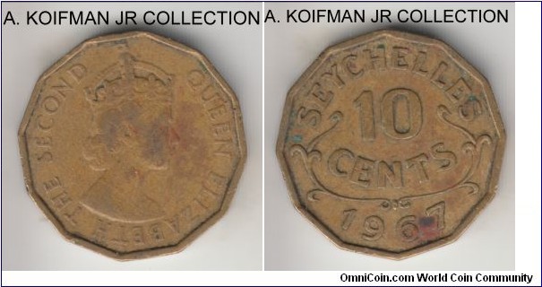 KM-10, 1973 Seychelles 10 cents; nickel-brass, plain edge, 12-sided flan; Elizabeth II, mintage 100,000, average circulated.