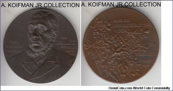 Laidlaw 0051, AM: 115; Hern: 260  1900 Austrian commemorative medal; dark bronze, plain edge; ZAR president Paul Krueger 75'th birthday commemorative medal commisioned by Baron Bachofen von Echt and engraved by Anton Scharff, nice uncirculated, a dark bronze variety.