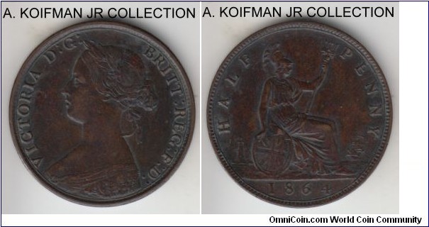 KM-748.2, 1864 Great Britain 1/2 penny; bronze, plain edge; Victoria, good very fine details, dark toned, somewhat scarcer year with small mintage.