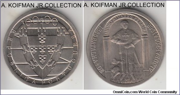 KM-630, 1985 Portugal 100 escudos; copper-nickel, reeded edge; one year circulation commemorative of the 600'th anniversary of the battle of Aljubarrota, nice uncurculated, partial reverse toning.