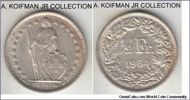 KM-23, 1964 Switzerland 1/2 franc; silver, reeded edge; decent extra fine or so.