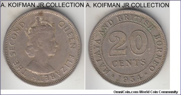 KM-3, 1954 Malaya and British Borneo 20 cents, Royal mint (no mint mark); copper-nickel, reeded edge; first Elizabeth II mintage, obverse is average circulated, reverse is better. 