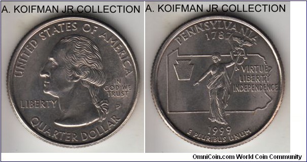 KM-294, 1999 United States of America quarter dollar, Philadelphia mint (P mint mark); copper-nickel clad copper, reeded edge; 50 State Quarters Pennsylvania, average uncirculated, light toning.