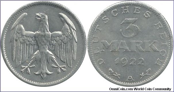 Germany-Weimar 3 Mark 1922A -only eagle- (Al)