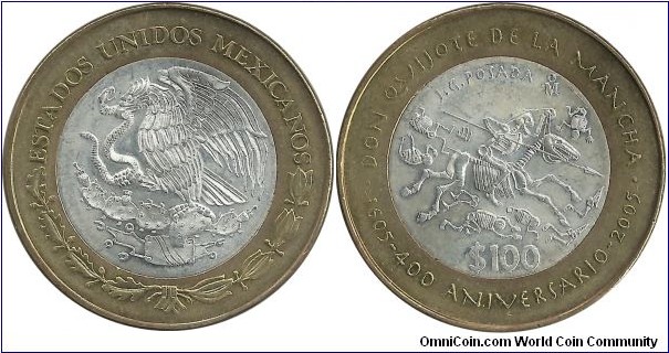 Mexico 100 Pesos 2005 - 400th Ann. of Don Quijote (Center is .925 Ag /16.812g.)