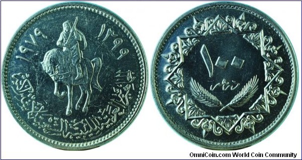 Libya100Dirhams-Horse&rider-km23-(AH1399)1979