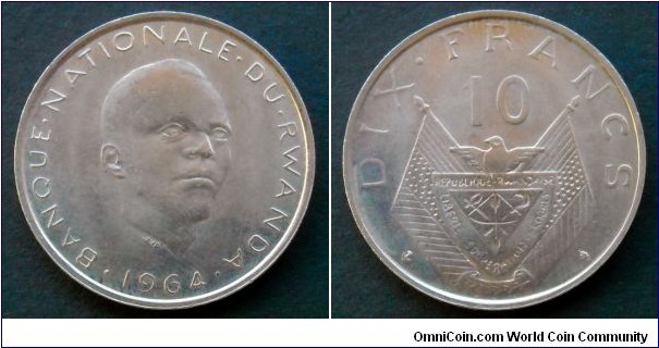 Rwanda 10 francs.
1964