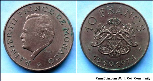 Monaco 10 francs.
1974, 25th Anniversary of the Reign of Prince Rainier III. Mintage: 25.000 pieces.