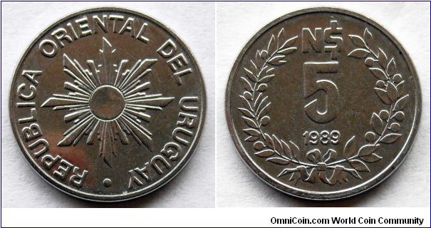 Uruguay 5 nuevos pesos. 1989, Stainless steel. Monnaie de Paris (Paris Mint)
