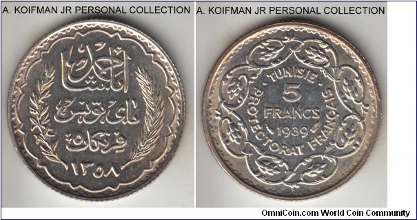 KM-264, Lec-309, AH1358(1939) Tunisia 5 francs; silver, reeded edge; Ahmad Pasha bey, one year type, uncirculated, luster is a bit off, may have been very lightly cleaned or just particular toning.