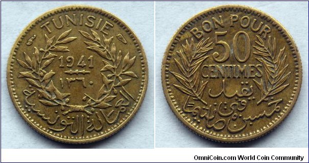 Tunisia 50 centimes.
1941, Monnaie de Paris (Paris Mint)