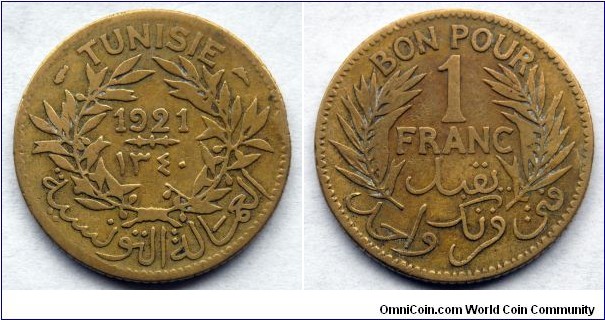 Tunisia 1 franc.
1921, Monnaie de Paris  (Paris Mint)