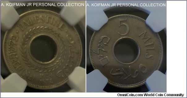 KM-3, 1934 Palestine 5 mils; copper-nickel, plain edge; British Mandate period, second smallest mintage, NGC graded uncirculated MS 62, however I would personally grade about uncirculated to borderline uncirculated.