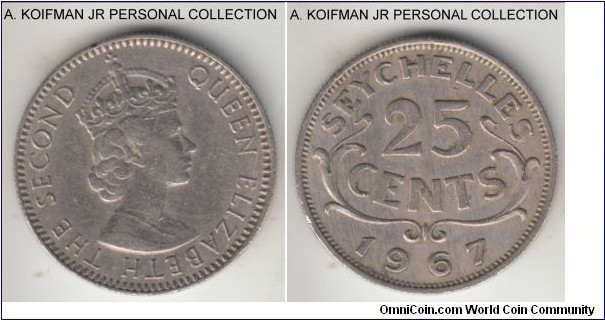 KM-11, 1967 Seychelles 25 cents; copper-nickel, reeded edge; Elizabeth II mintage for the overseas territory, small mintage of 20,000, very fine or about out of circulation.