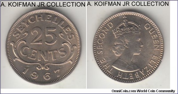 KM-11, 1967 Seychelles 25 cents; copper-nickel, reeded edge; Elizabeth II mintage for the overseas territory, small mintage of 20,000, very fine or about out of circulation.