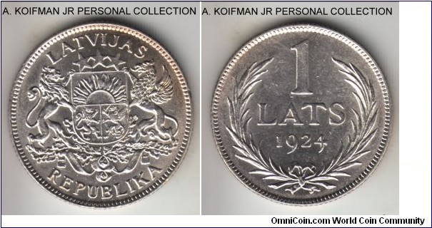 KM-7, 1924 Latvia lats; silver, reeded edge; Latvia First Republic period, common but nice bright uncirculated specimen.