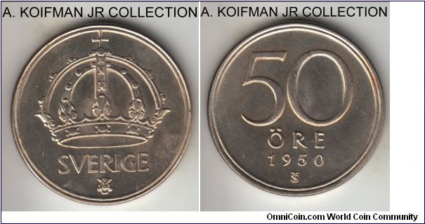 KM-817, 1950 Sweden 50 ore; silver, plain edge; last year of the type, possibly cleaned but nice and shiny uncirculated.