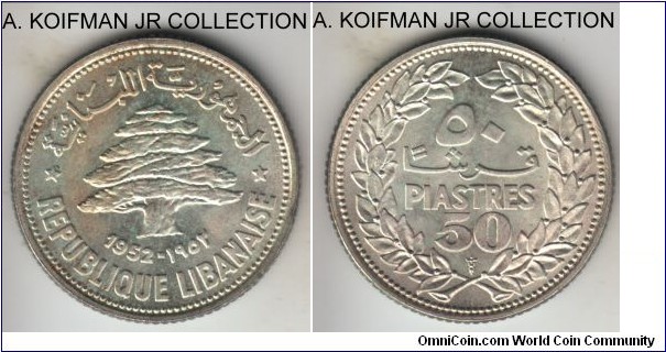 KM-17, 1952 Lebanon 50 piastres; silver, reeded edge; 1 year type but quite common, nice lustrous uncirculated.