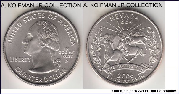 KM-382, 2006 United States of America quarter (25 cents), Philadelphia mint (P mint mark); copper-nickel clad copper; reeded edge; 50 States Nevada circulated commemorative issue, this one is a satin finish specimen from the special mint set, uncirculated from the mint package.