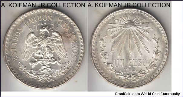 KM-455, 1944 Mexico peso, Mexico mint (M mint mark); silver, lettered edge; common, bright white uncirculated.