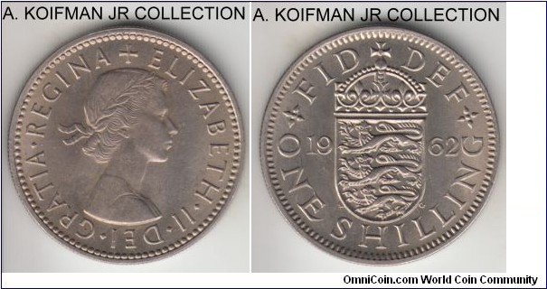 KM-904, 1962 Great Britain shilling, English crest; copper-nickel, reeded edge; Elizabeth II, nice uncirculated.