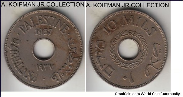 KM-4, 1937 Palestine (British Mandate) 10 mils; copper-nickel, plain edge; smaller mintage, uncirculated details, but as common toned and partially stained.
