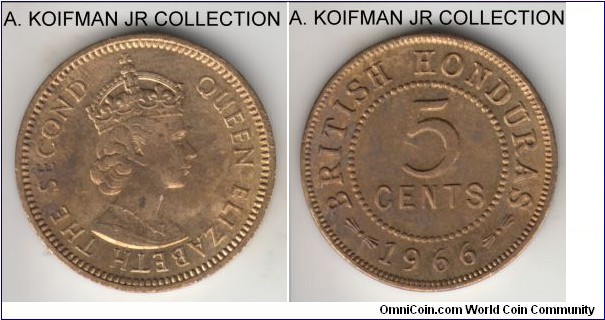 KM-31, 1965 British Honduras 5 cents; nickel-brass, plain edge; late Elizabeth II mintage, splotchy and unpleasant toning but uncirculated nevertheless.