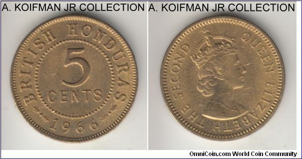 KM-31, 1965 British Honduras 5 cents; nickel-brass, plain edge; late Elizabeth II mintage, splotchy and unpleasant toning but uncirculated nevertheless.