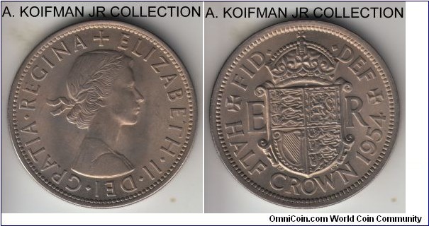 KM-907, 1954 Great Britain 1954 half crown; copper-nickel, reeded edge; early Elizabeth II, first year of the type and rather scarce in uncirculated grade, this one is choice uncirculated.
