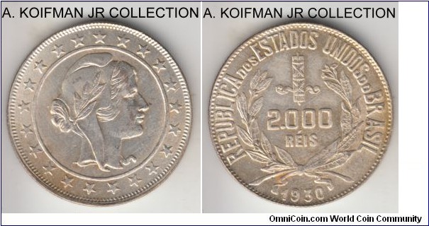 KM-526, 1930 Brazil 2000 reis; silver, reeded edge; late Republcian common silver mintage, Liberty type, almost uncirculated.