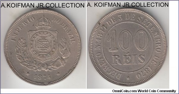 KM-477, 1874 Brazil Empire 100 reis; copper-nickel, plain edge; Perdo II period, the type as a whole is not common in high grades, this coin is as minted but some toning showing.