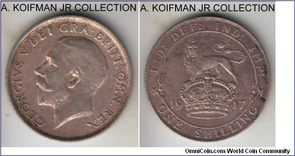 KM-816, 1917 Great Britain shilling; silver, reeded edge; George V, nice toned extra fine.