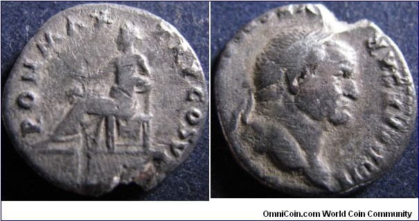 Denarius,Vespasian. PON MAX TR P COS VI, Pax seated left holding branch. IMP CAESAR VESPASIANVS AVG, laureate head right 