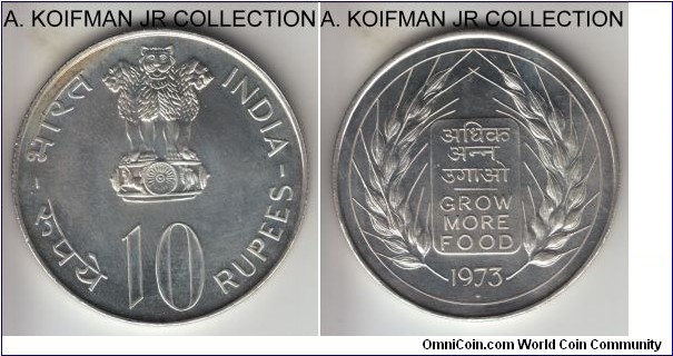 KM-188, 1973 India 10 rupees, Bombay mint (diamond mint mark); silver, reeded edge; FAO issue with many released in FAO albums and toned like this one with minor obverse hairlines from storage, small mintage of 64,000 in non-circulation business strike, average uncirculated.