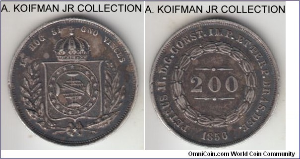 KM-469, 1856 Brazil (Empire) 200 reis; silver, reeded edge; Pedro II, small mintage of 103,309, the variety seems to be the beads in the crown, very fine to good very fine details, dark toned.