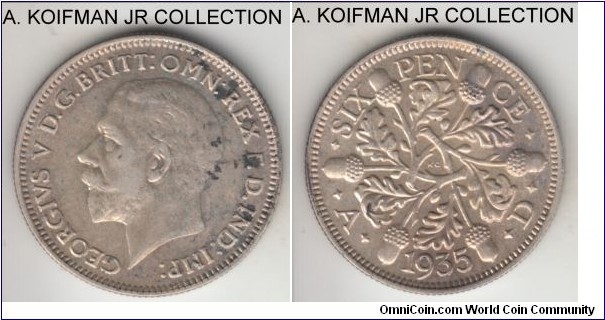 KM-832, 1935 Great Britain 6 pence; silver, reeded edge; George V, almost uncirculated details - wear is evaluated by acorns mostly on this type - with some obverse staining.