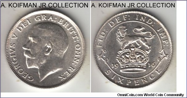 KM-815, 1916 Great Britain 6 pence; silver, reeded edge; earlier George V, full white lustrous uncirculated, although slightly weak lion muzzles.