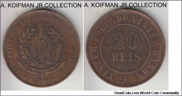 KM-490, 1900 Brazil 20 reis; bronze, plain edge; Republic coinage, well circulated, fine or about. 