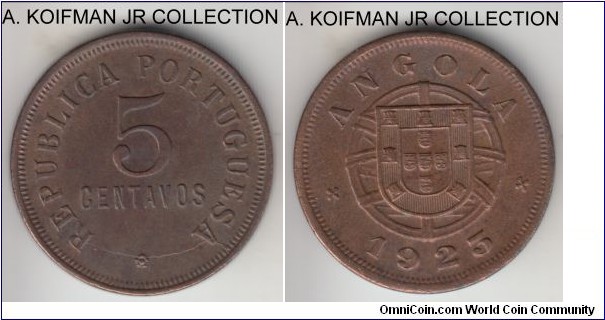 KM-62, 1923 Angola 5 centavos; bronse, plain edge; early 20'th century Portugues Africa colonial issue, relatively scarce, decent very fine or so.
