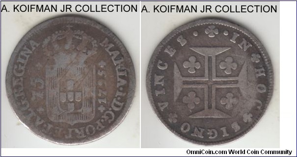 KM-6, 1795 Azores 75 reis; silver, laurel edge; Maria I, scarce issue only minted 2 years, good to very good, multiple scratches on obverse, reverse is better.