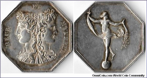 silver gaming token. Obverse: Good luck / bad luck janiform head. Reverse: `Abundance' dancing on a sphere while her fortune is spilling out of a cornucopia.