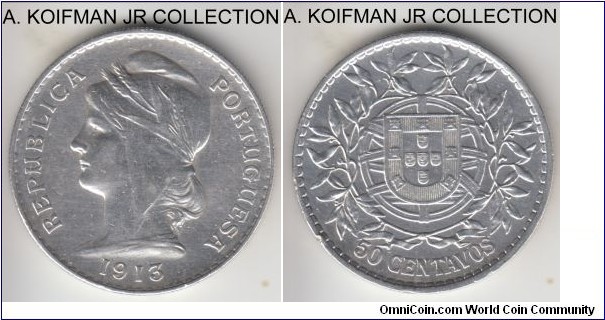 KM-561, 1913 Portugal 50 centavos; silver, reeded edge; early Republican coinage, good extra details, but rim nicks and cleaned.