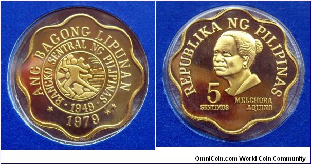 Philippines 5 sentimos.
1979, Proof from Franklin Mint. Mintage: 3.645 pieces.