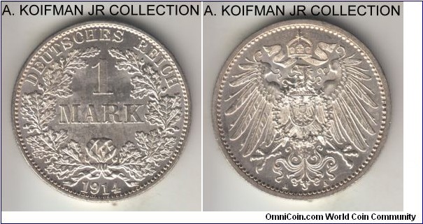 KM-14, 1914 Germany (Empire) mark, Berlin mint (A mint mark); silver, reeded edge; Wilhelm II, common year, bright white choice uncirculated.