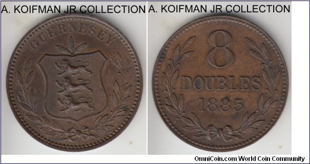 KM-7, 1885 Guernsey 8 doubles; Heaton mint (H mint mark); bronze, plain edge, coin rotation; Victoria period large penny size coin with mintage of 70,000 in very nice brown about uncirculated or better condition.
