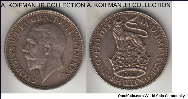 KM-833, 1933 Great Britain shilling; silver, reeded edge; George V, common year, nicer looking coin, pleasantly toned extra fine.
