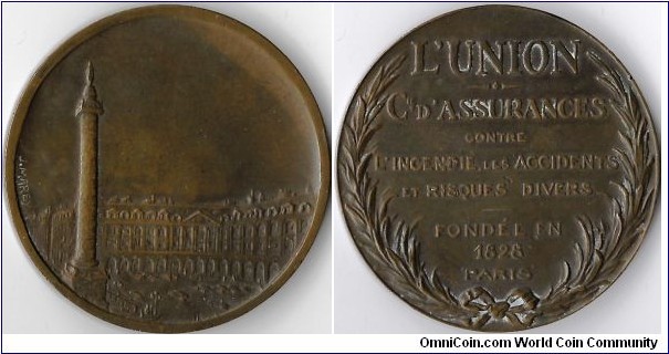 bronze medal (48mm) struck for L'Union, a french assurer. This example was struck in relation to its coverage of `Accidents / Mulirisques'. Only catalogued as having been struck in silver (!)