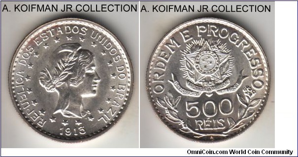 KM-512, 1913 Brazil 500 reis, Berlin mint (A mint mark; silver, reeded edge; one-year type, brilliant white uncirculated.