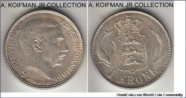 KM-819, 1916 Denmark krone; silver, reeded edge; Christian X, scarcer of the two years the type was minted, toned uncirculated, infrequent in true high grades.